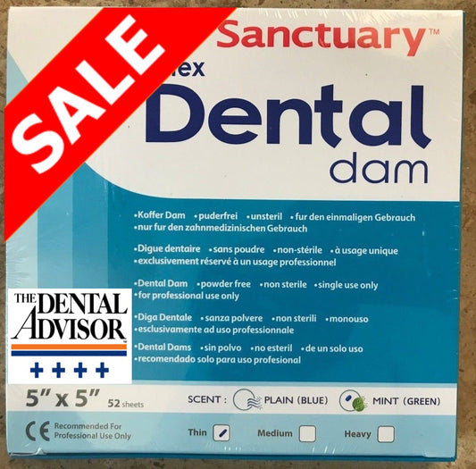 (Product Of Malaysia) Sanctuary Rubber Dental Dam Latex 5"X5" Thin Gauge, Mint Scented (Green Pack of 52)