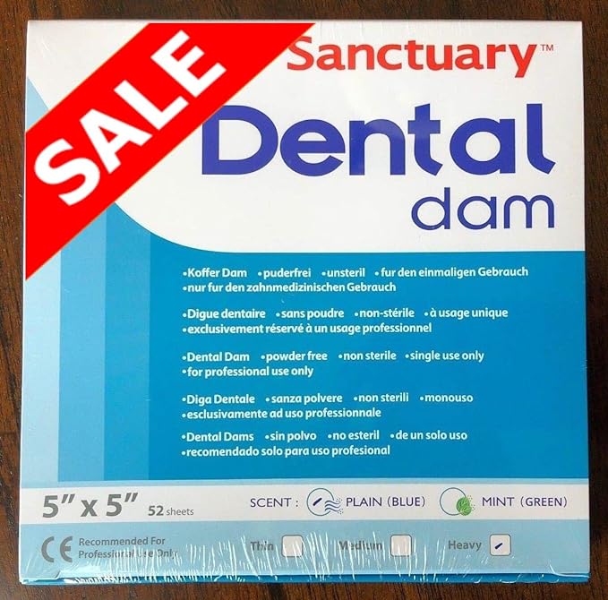 (Product Of Malaysia) Sanctuary Rubber Dental Dam Latex 5"X5" Heavy Gauge, Unscented (Blue Pack of 52)