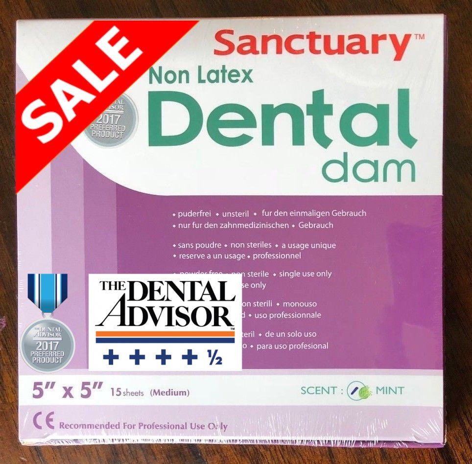 (Product Of Malaysia) 5"X5" Sanctuary Rubber Dental Dam, Latex Free, Non-Latex, Medium Gauge, Mint Scented (Purple Pack of 15)