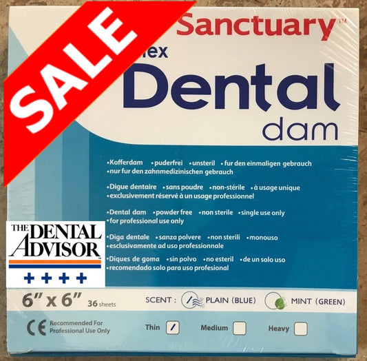 (Product Of Malaysia) Sanctuary Rubber Dental Dam Latex 6"X6" Thin Gauge, Unscented (Blue Pack of 36)