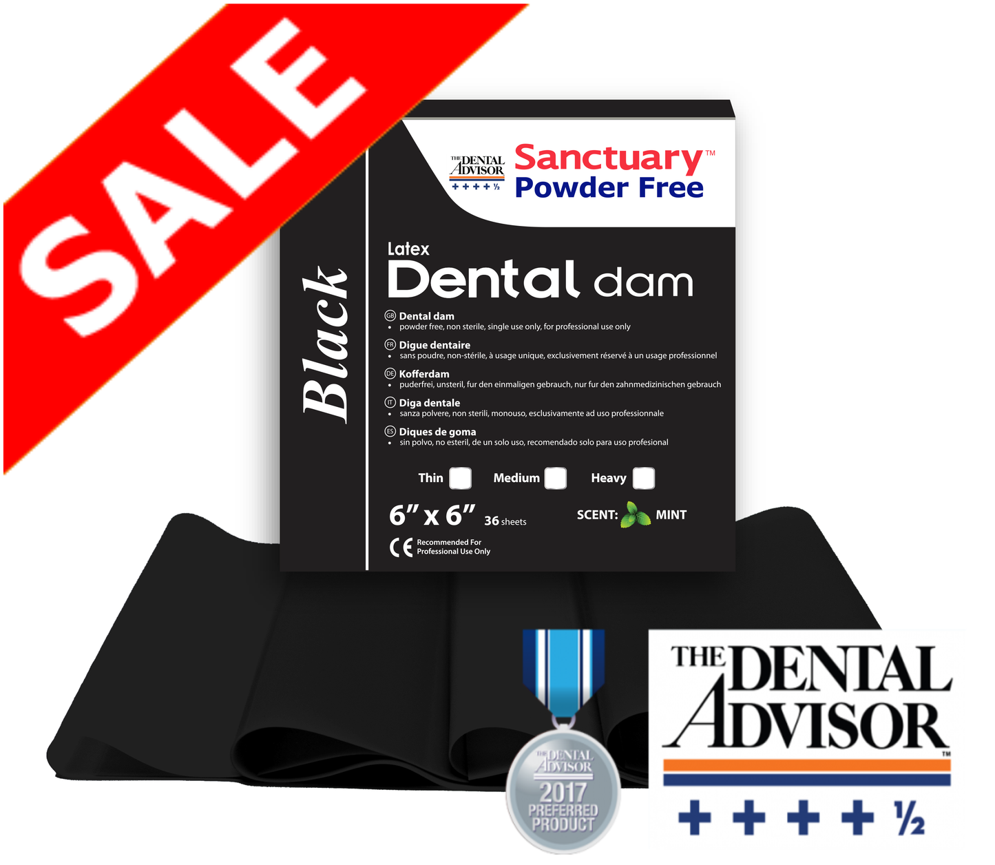 (Product Of Malaysia) Sanctuary Rubber Dental Dam Latex 6"X6" Medium Gauge, Mint Scented (Black Pack of 36)